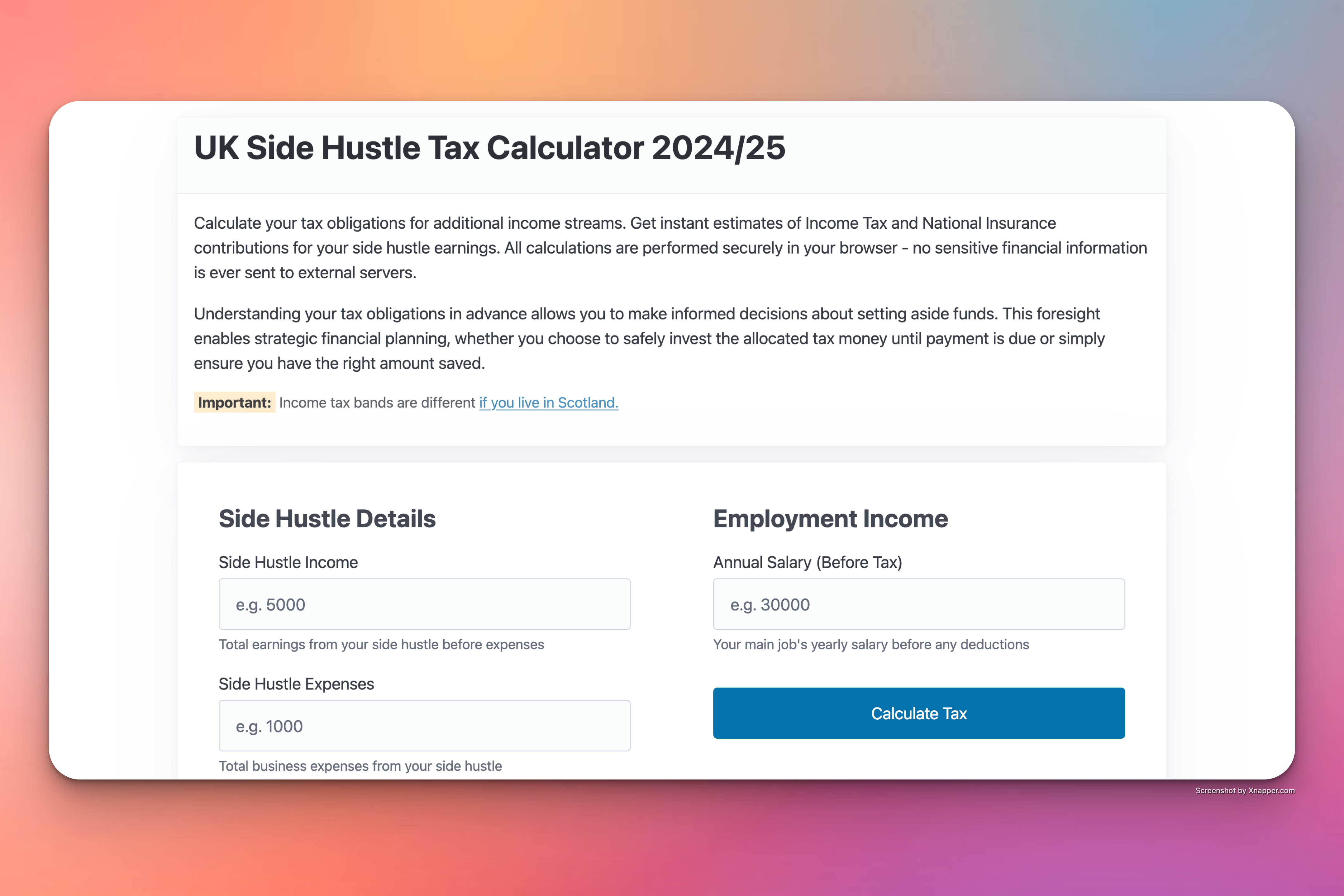 UK Side Hustle Tax Calculator screenshot
